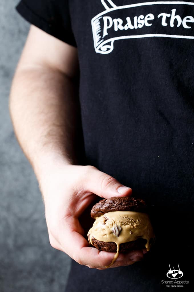 Gluten Free Salted Caramel Brownie Cookie Ice Cream Sandwiches | sharedappetite.com