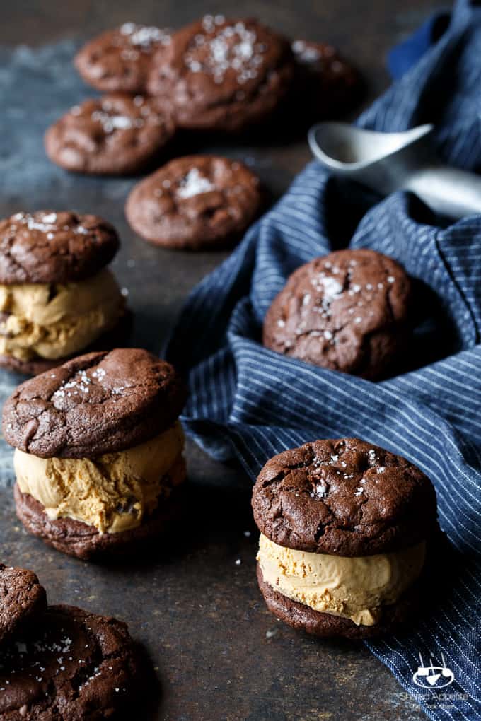 Gluten Free Salted Caramel Brownie Cookie Ice Cream Sandwiches | sharedappetite.com