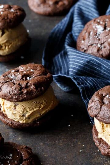 Gluten Free Salted Caramel Brownie Cookie Ice Cream Sandwiches | sharedappetite.com