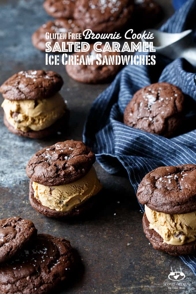 Gluten Free Salted Caramel Brownie Cookie Ice Cream Sandwiches | sharedappetite.com