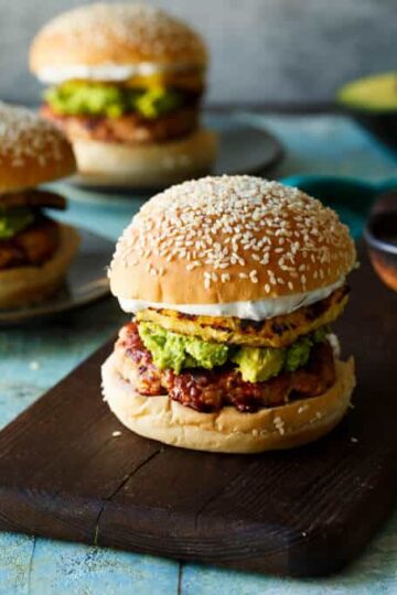 Grilled Pineapple Teriyaki Turkey Burgers with Mashed Avocado and Charred Scallion Aioli | sharedappetite.com