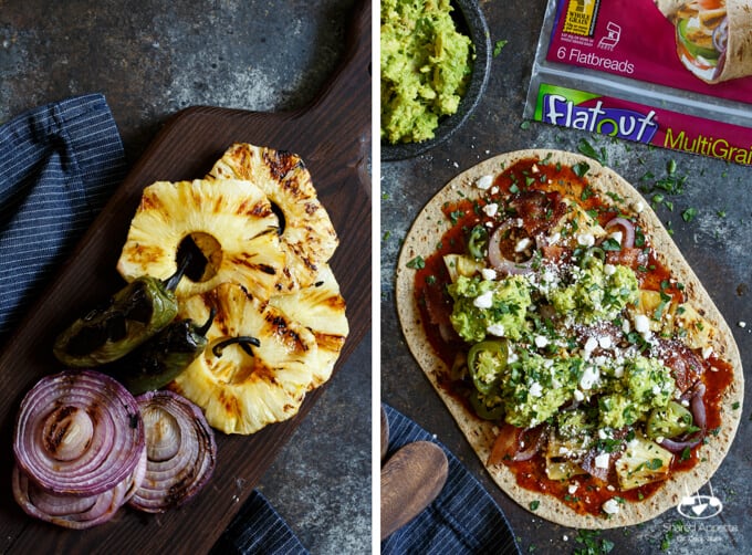 Grilled Spicy Pineapple, Bacon, and Avocado Flatbread with BBQ Sauce, Grilled Onions, and Charred Jalapenos | sharedappetite.com