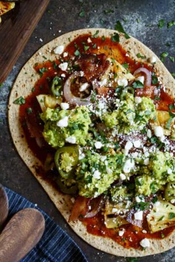 Roasted Spicy Pineapple, Bacon, and Avocado Flatbread with BBQ Sauce, Grilled Onions, and Charred Jalapenos | sharedappetite.com