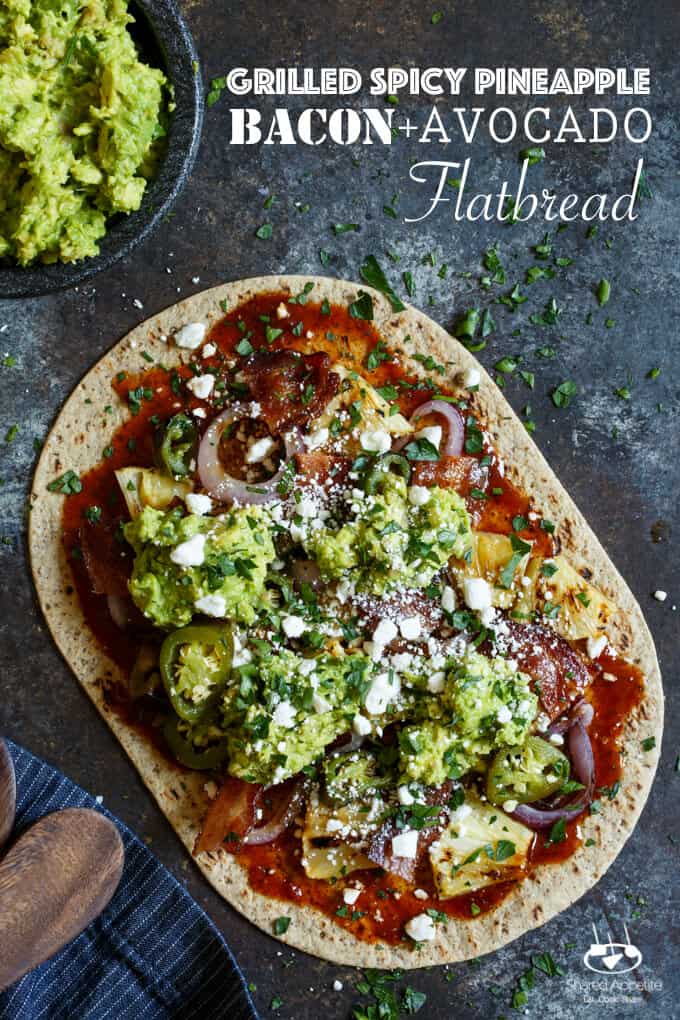 Grilled Spicy Pineapple, Bacon, and Avocado Flatbread with BBQ Sauce, Grilled Onions, and Charred Jalapenos | sharedappetite.com