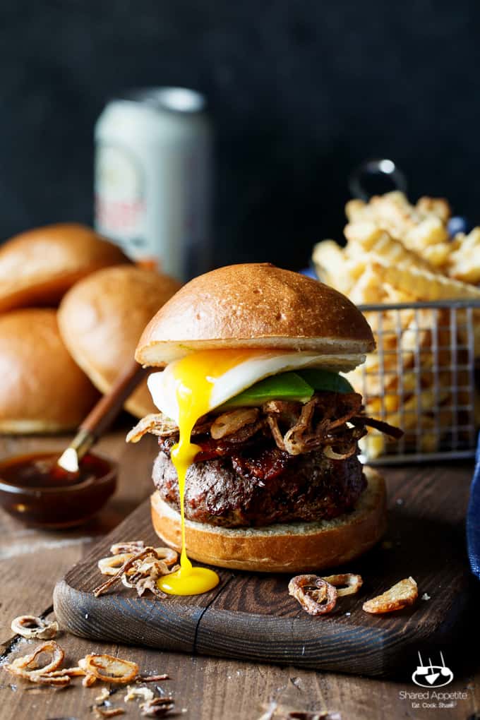 Whiskey Glazed Burgers with Spicy Brown Sugar Bacon, Avocado, Crispy Shallots, and a Fried Egg! A perfect Father's Day EPIC burger | sharedappetite.com