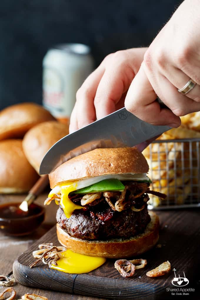 Whiskey Glazed Burgers with Spicy Brown Sugar Bacon, Avocado, Crispy Shallots, and a Fried Egg! A perfect Father's Day EPIC burger | sharedappetite.com