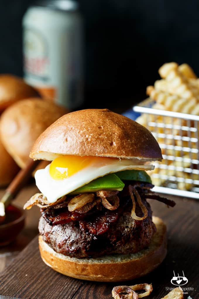 Whiskey Glazed Burgers with Spicy Brown Sugar Bacon, Avocado, Crispy Shallots, and a Fried Egg! A perfect Father's Day EPIC burger | sharedappetite.com