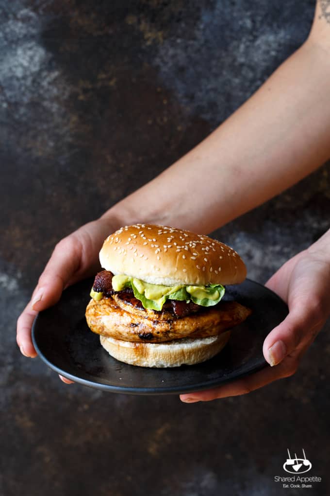 Grilled Sriracha Honey Chicken Sandwiches with Ancho Chile Pineapple, Bacon, and Avocado | sharedappetite.com