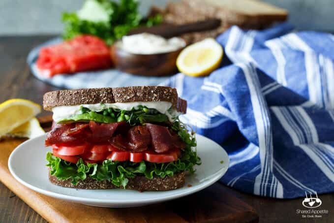 Healthy California BLT with Lemon Aioli, Turkey Bacon, Avocado, and Sprouts | sharedappetite.com