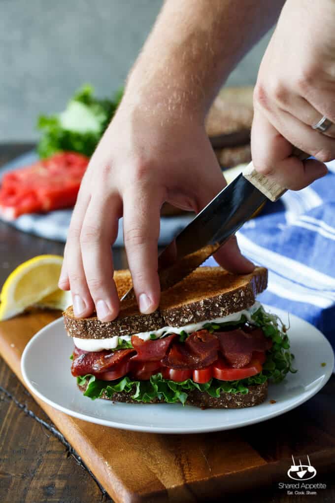 Healthy California BLT with Lemon Aioli, Turkey Bacon, Avocado, and Sprouts | sharedappetite.com