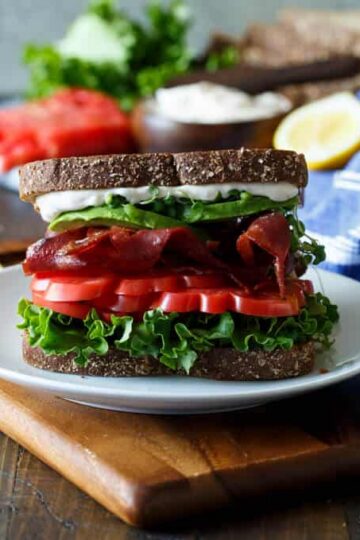 Healthy California BLT with Lemon Aioli, Turkey Bacon, Avocado, and Sprouts | sharedappetite.com
