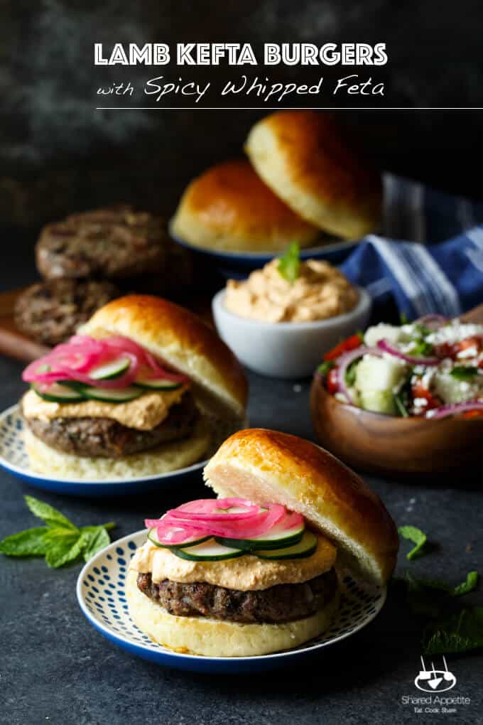 Lamb Kefta Burgers with Spicy Whipped Feta, Pickled Onions, and Cucumber | sharedappetite.com