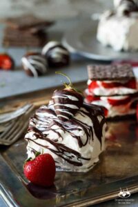 Chocolate Covered Strawberry Mini Icebox Cakes | sharedappetite.com A perfect summer easy entertaining no-bake dessert that only takes minutes to prep!