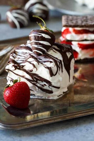 Chocolate Covered Strawberry Mini Icebox Cakes | sharedappetite.com A perfect summer easy entertaining no-bake dessert that only takes minutes to prep!