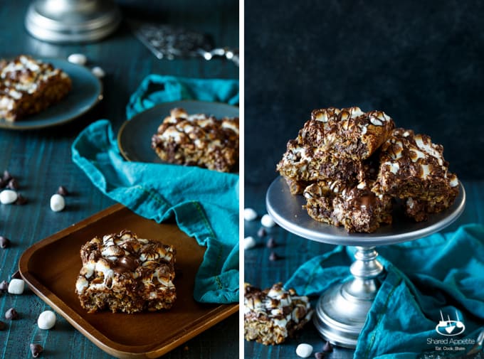 S'mores Oatmeal Bars | sharedappetite.com Blondies jam packed with oatmeal, mini marshmallows, and chocolate!