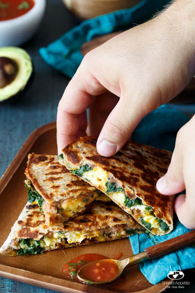 Southwest Chorizo Breakfast Quesadillas | sharedappetite.com A protein-packed breakfast quesadilla with eggs, cheese, chorizo, spinach, and beans!