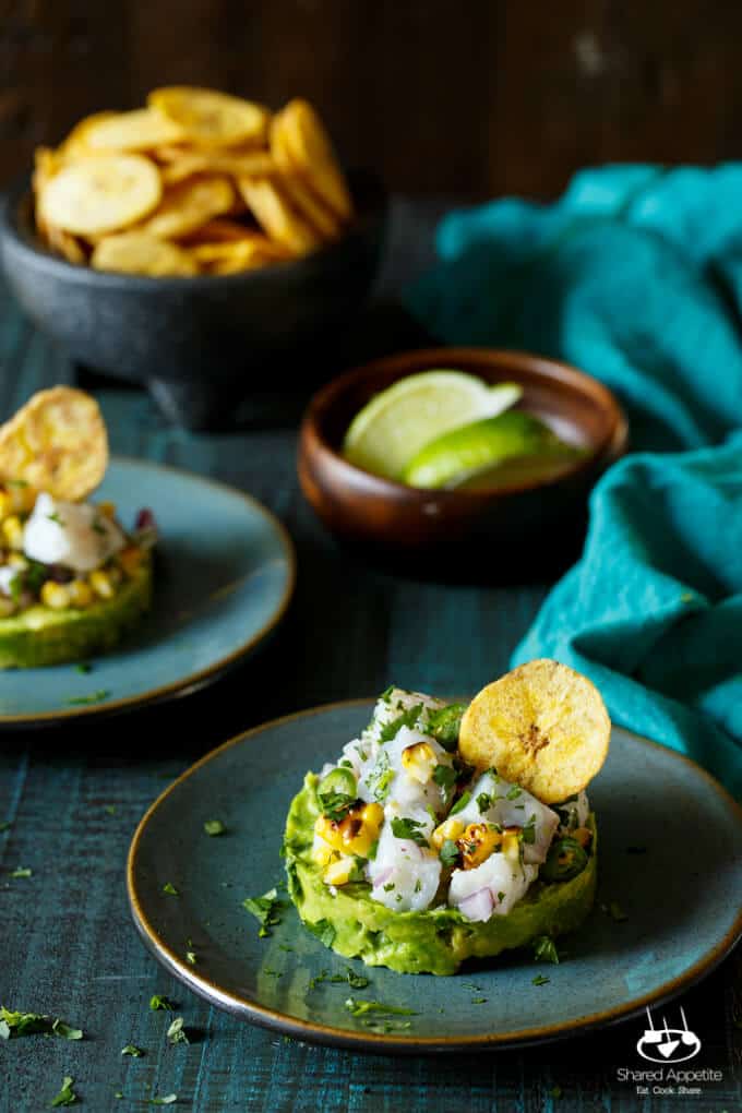 Spicy Roasted Corn Barramundi Ceviche with Avocado and Plantain Chips | sharedappetite.com