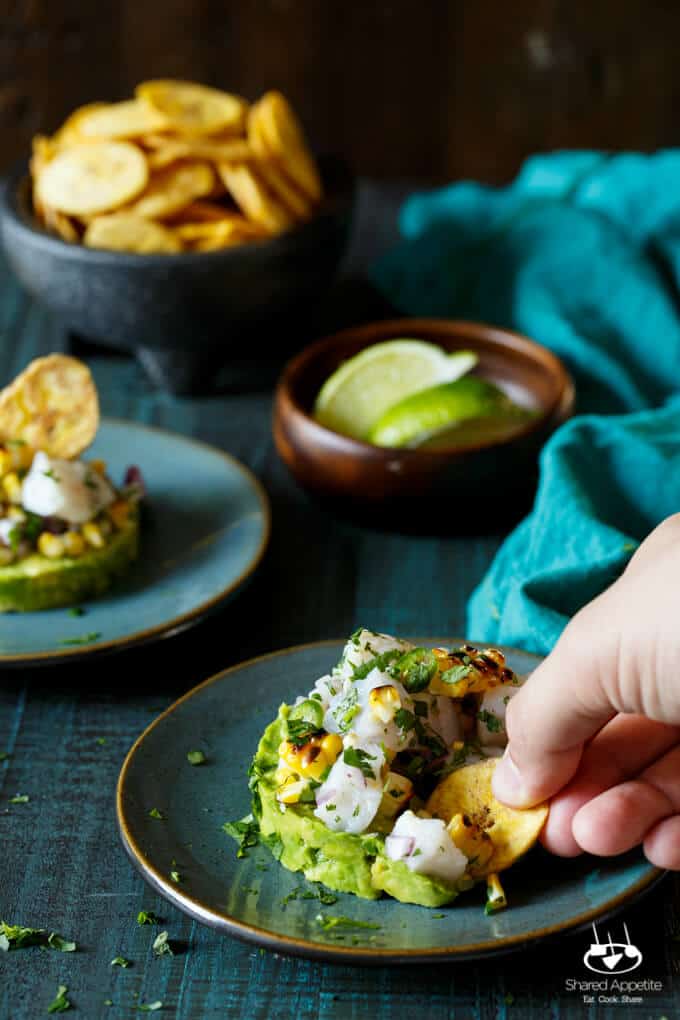 Spicy Roasted Corn Barramundi Ceviche with Avocado and Plantain Chips | sharedappetite.com