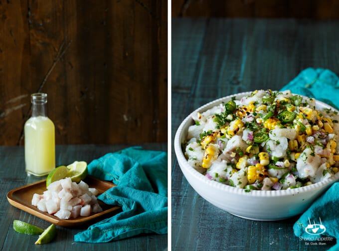 Spicy Roasted Corn Barramundi Ceviche with Avocado and Plantain Chips | sharedappetite.com