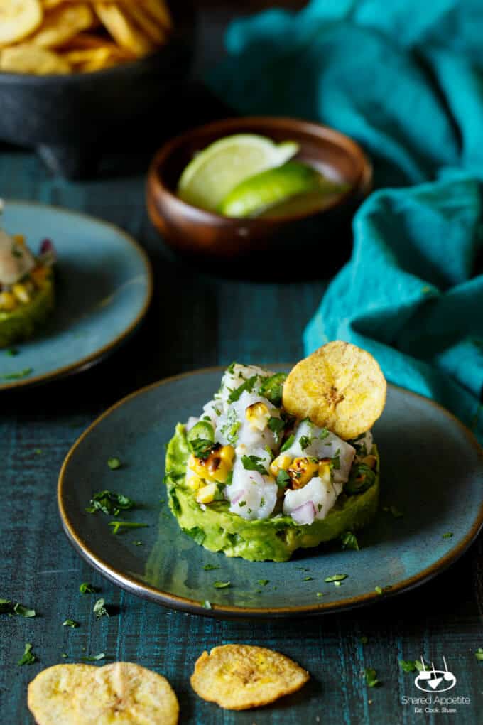 Spicy Roasted Corn Barramundi Ceviche with Avocado and Plantain Chips | sharedappetite.com