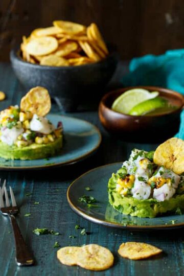 Spicy Roasted Corn Barramundi Ceviche with Avocado and Plantain Chips | sharedappetite.com