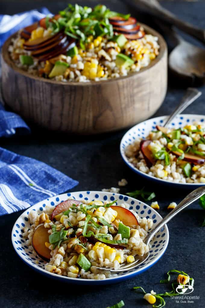 Vegan Grilled Corn, Plum, and Avocado Grain Salad with Basil and Walnuts | sharedappetite.com 