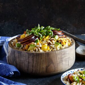 Grilled Corn, Plum, and Avocado Grain Salad with Basil and Walnuts | sharedappetite.com