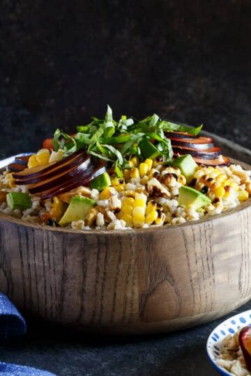 Grilled Corn, Plum, and Avocado Grain Salad with Basil and Walnuts | sharedappetite.com