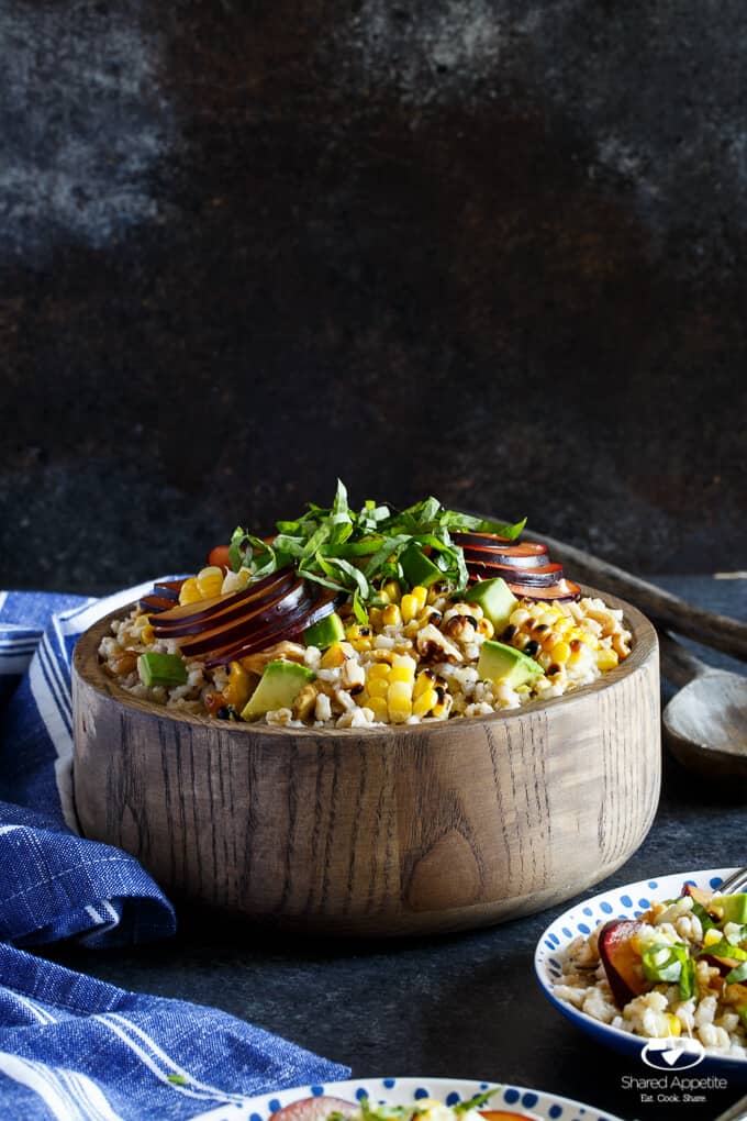 Vegan Grilled Corn, Plum, and Avocado Grain Salad with Basil and Walnuts | sharedappetite.com 