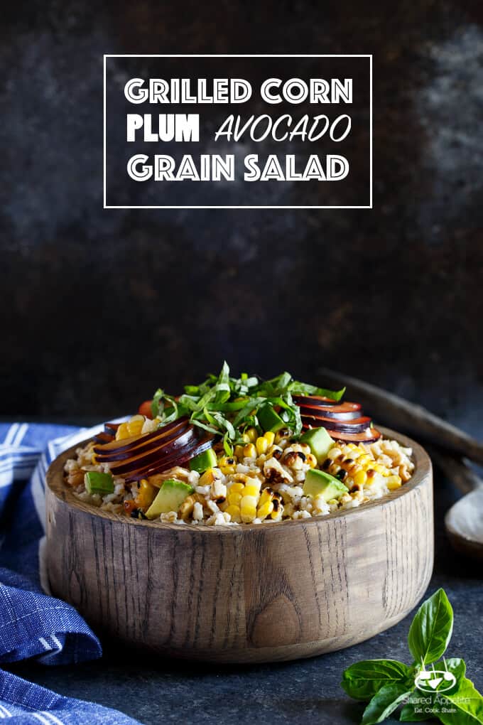 Vegan Grilled Corn, Plum, and Avocado Grain Salad with Basil and Walnuts | sharedappetite.com 