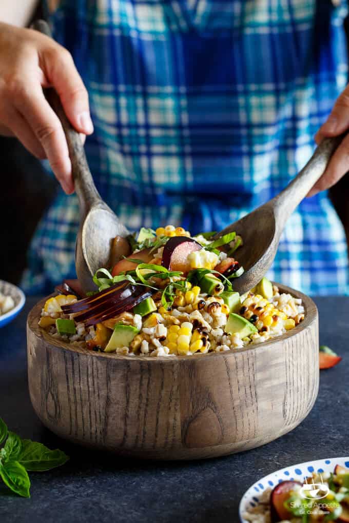 Vegan Grilled Corn, Plum, and Avocado Grain Salad with Basil and Walnuts | sharedappetite.com 
