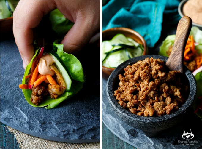 Korean Turkey Lettuce Wraps with Kimchi, Pickled Carrots, Quick Pickled Cucumbers, Radish, and Gochujang Aioli | sharedappetite.com