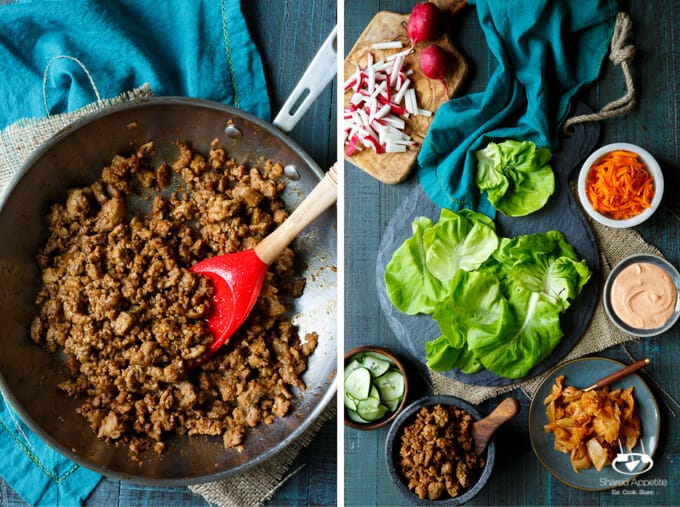 Korean Turkey Lettuce Wraps with Kimchi, Pickled Carrots, Quick Pickled Cucumbers, Radish, and Gochujang Aioli | sharedappetite.com