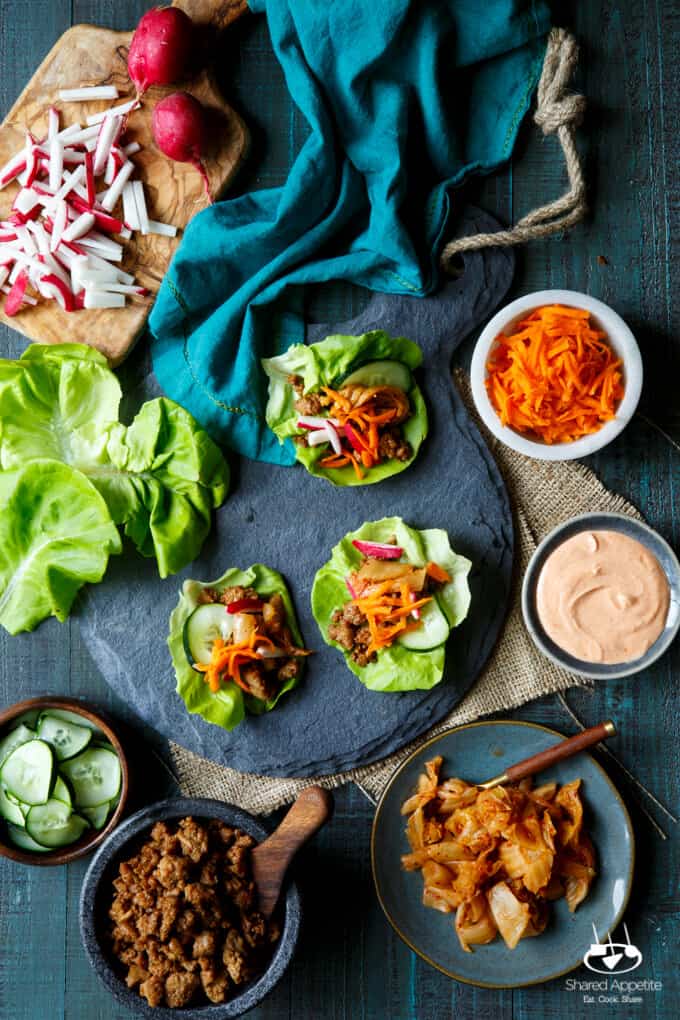 Korean Turkey Lettuce Wraps with Kimchi, Pickled Carrots, Quick Pickled Cucumbers, Radish, and Gochujang Aioli | sharedappetite.com