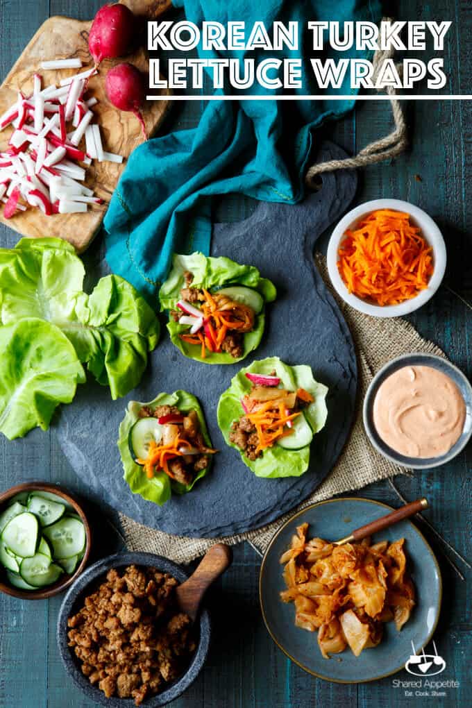 Korean Turkey Lettuce Wraps with Kimchi, Pickled Carrots, Quick Pickled Cucumbers, Radish, and Gochujang Aioli | sharedappetite.com