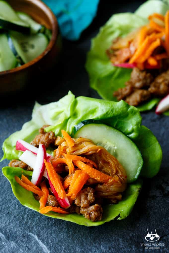 Korean Turkey Lettuce Wraps with Kimchi, Pickled Carrots, Quick Pickled Cucumbers, Radish, and Gochujang Aioli | sharedappetite.com