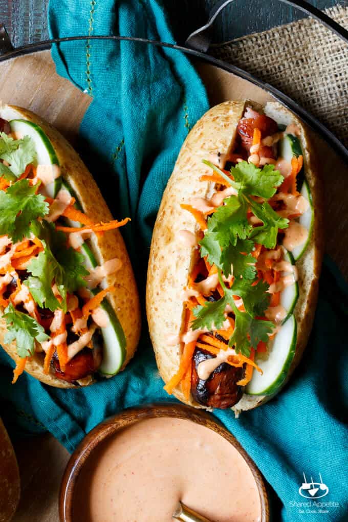 Spiral Cut Sausage Bánh mì with turkey sausage, pickled carrots, cucumber, sriracha mayo, and cilantro | sharedappetite.com