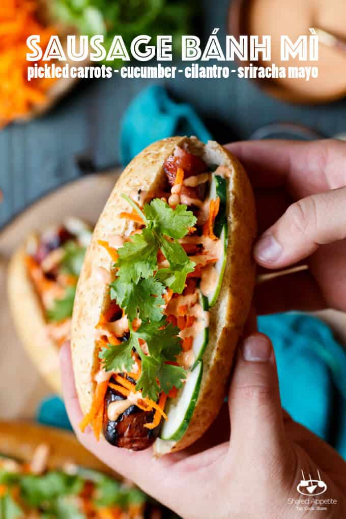 Spiral Cut Sausage Bánh mì with turkey sausage, pickled carrots, cucumber, sriracha mayo, and cilantro | sharedappetite.com