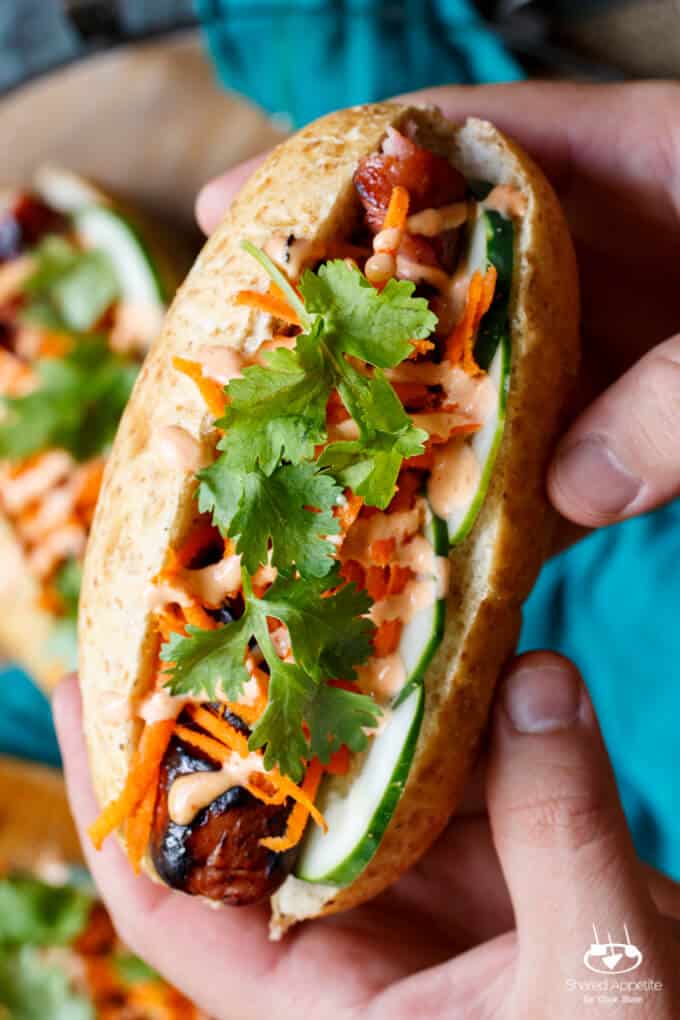 Spiral Cut Sausage Bánh mì with turkey sausage, pickled carrots, cucumber, sriracha mayo, and cilantro | sharedappetite.com