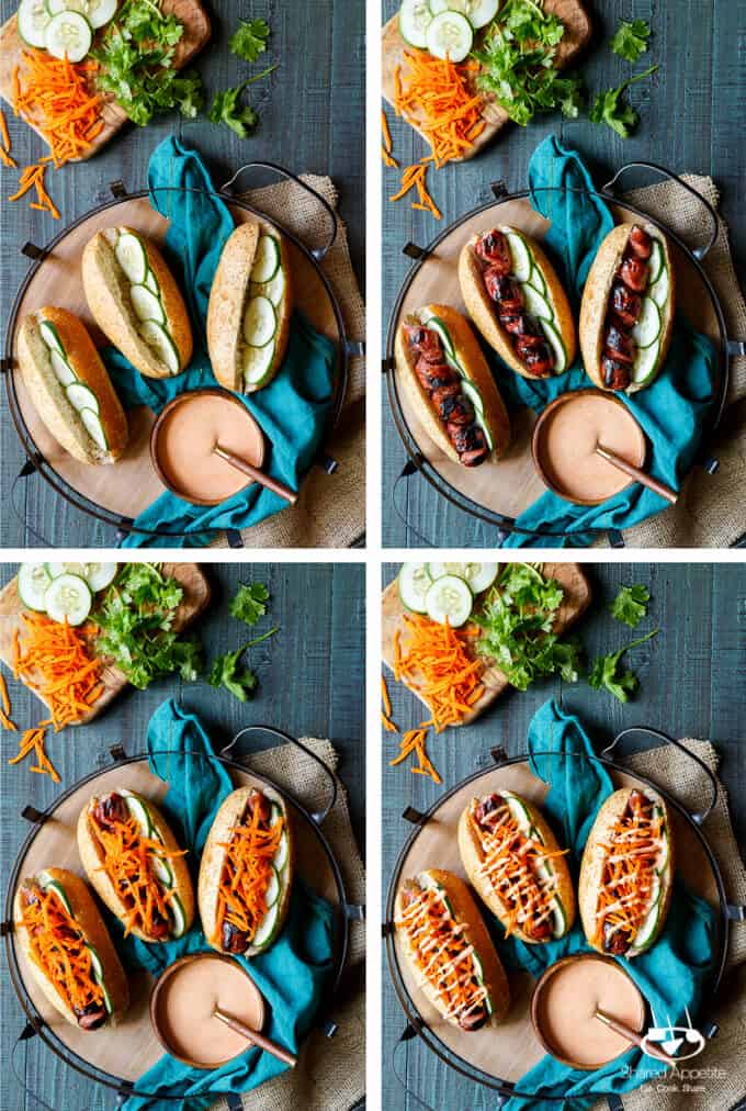 Spiral Cut Sausage Bánh mì with turkey sausage, pickled carrots, cucumber, sriracha mayo, and cilantro | sharedappetite.com