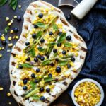 Summer Corn and Blueberry Grilled Pizza with Whipped Goat Cheese and Grilled Scallions. Super quick and easy, perfect for summer easy entertaining! | sharedappetite.com