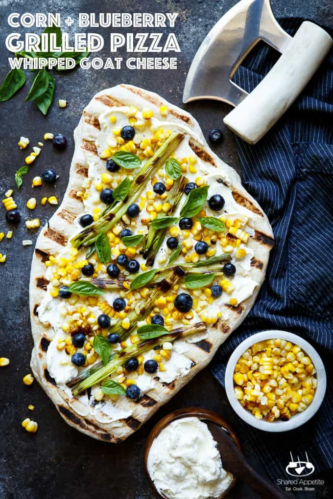 Summer Corn and Blueberry Grilled Pizza with Whipped Goat Cheese and Grilled Scallions. Super quick and easy, perfect for summer easy entertaining! | sharedappetite.com