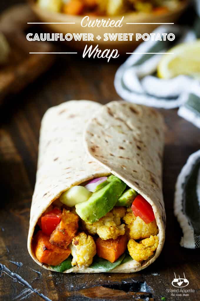 Vegan Curried Cauliflower and Sweet Potato Wrap with Hummus, Avocado, and Israeli Salad | sharedappetite.com