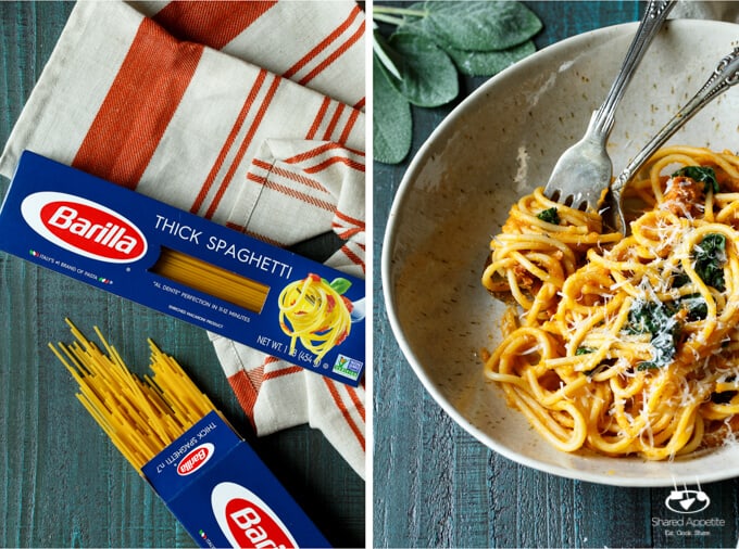 Butternut Squash Spaghetti with Chorizo and Spinach | sharedappetite.com