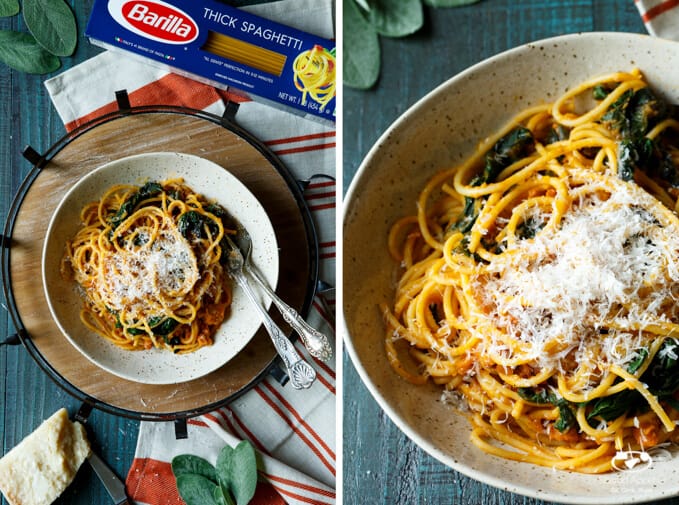 Butternut Squash Spaghetti with Chorizo and Spinach | sharedappetite.com