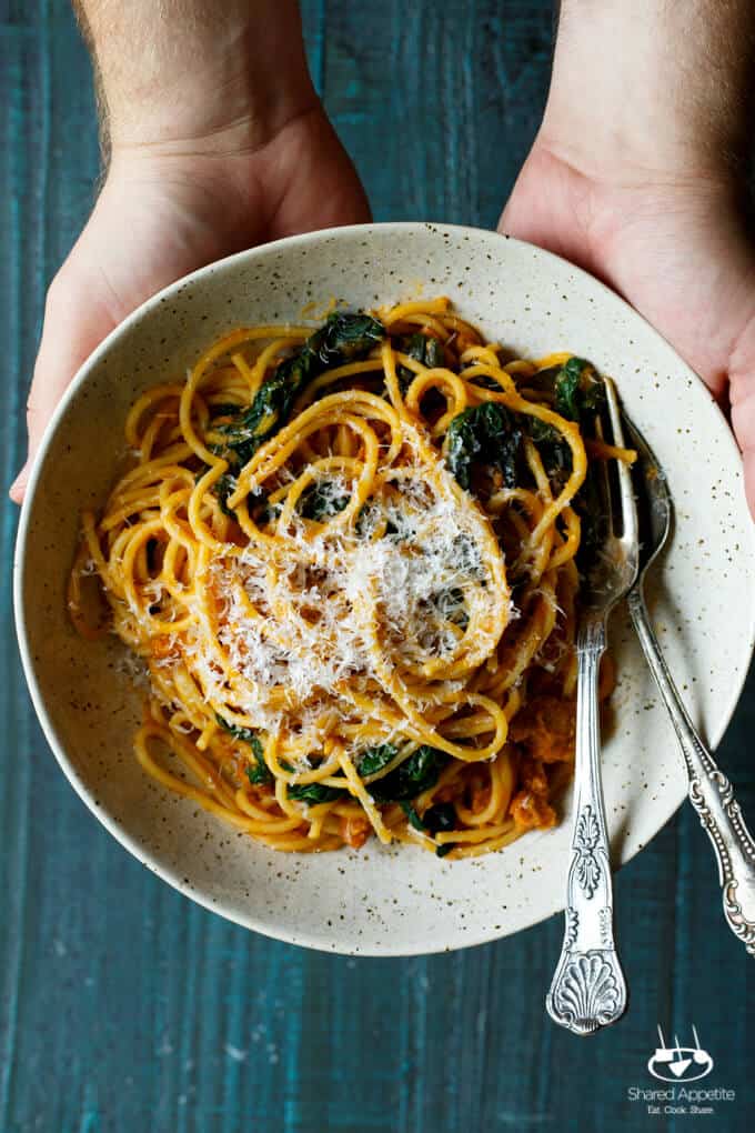 Butternut Squash Spaghetti with Chorizo and Spinach | sharedappetite.com