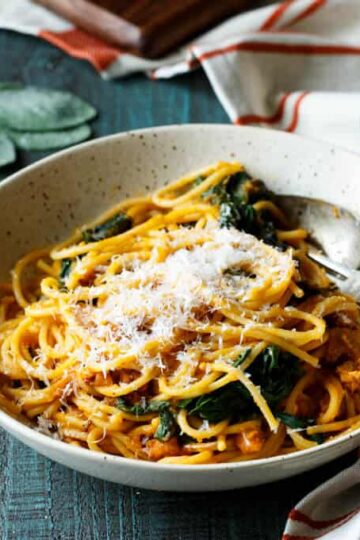 Butternut Squash Spaghetti with Chorizo and Spinach | sharedappetite.com