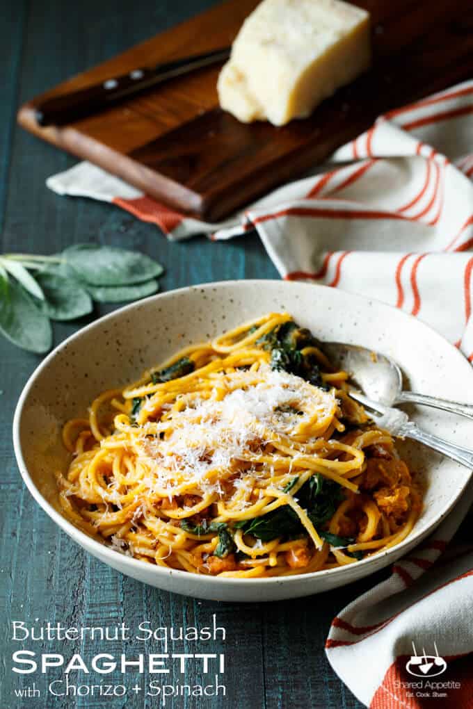 Butternut Squash Spaghetti with Chorizo and Spinach | sharedappetite.com