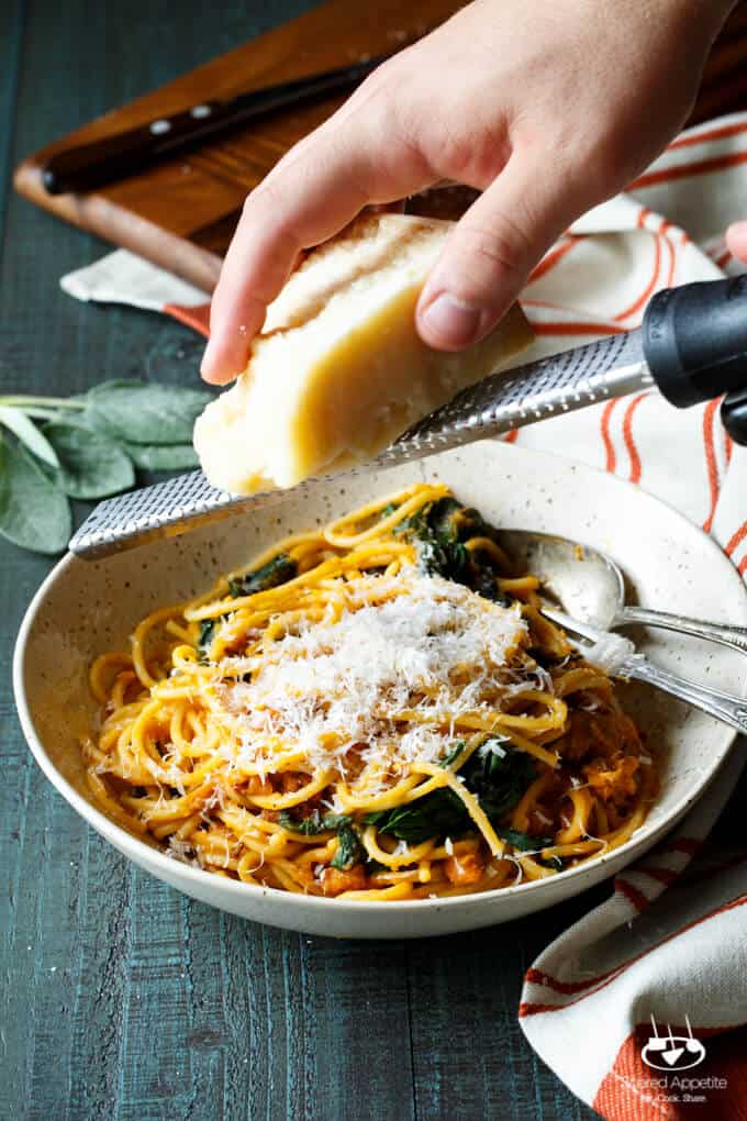 Butternut Squash Spaghetti with Chorizo and Spinach | sharedappetite.com