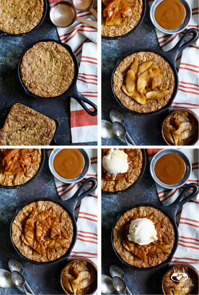 Caramel Apple Crisp Pizookies... a giant skillet oatmeal cookie topped with brown sugar baked apples, caramel sauce, and vanilla ice cream! | sharedappetite.com